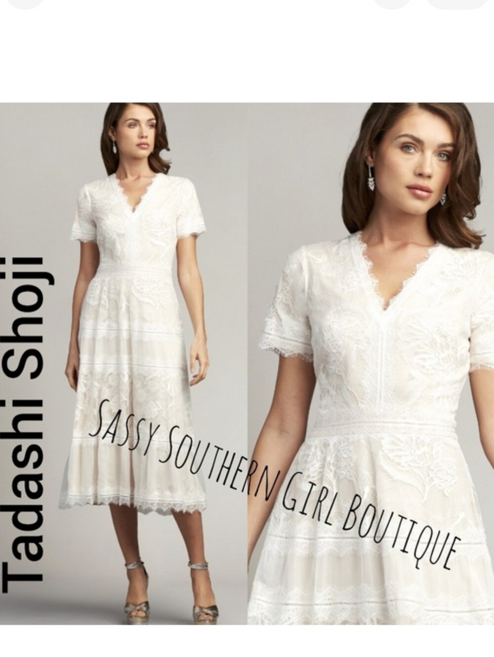 ⭐🆕 TADASHI SHOJI White lace overlay nude midi dress